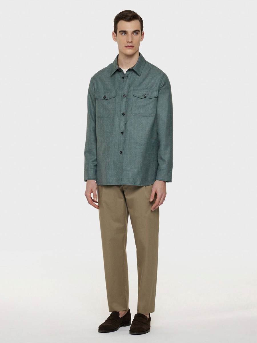 Caruso Overshirt In Lana, Seta E Lino Verde