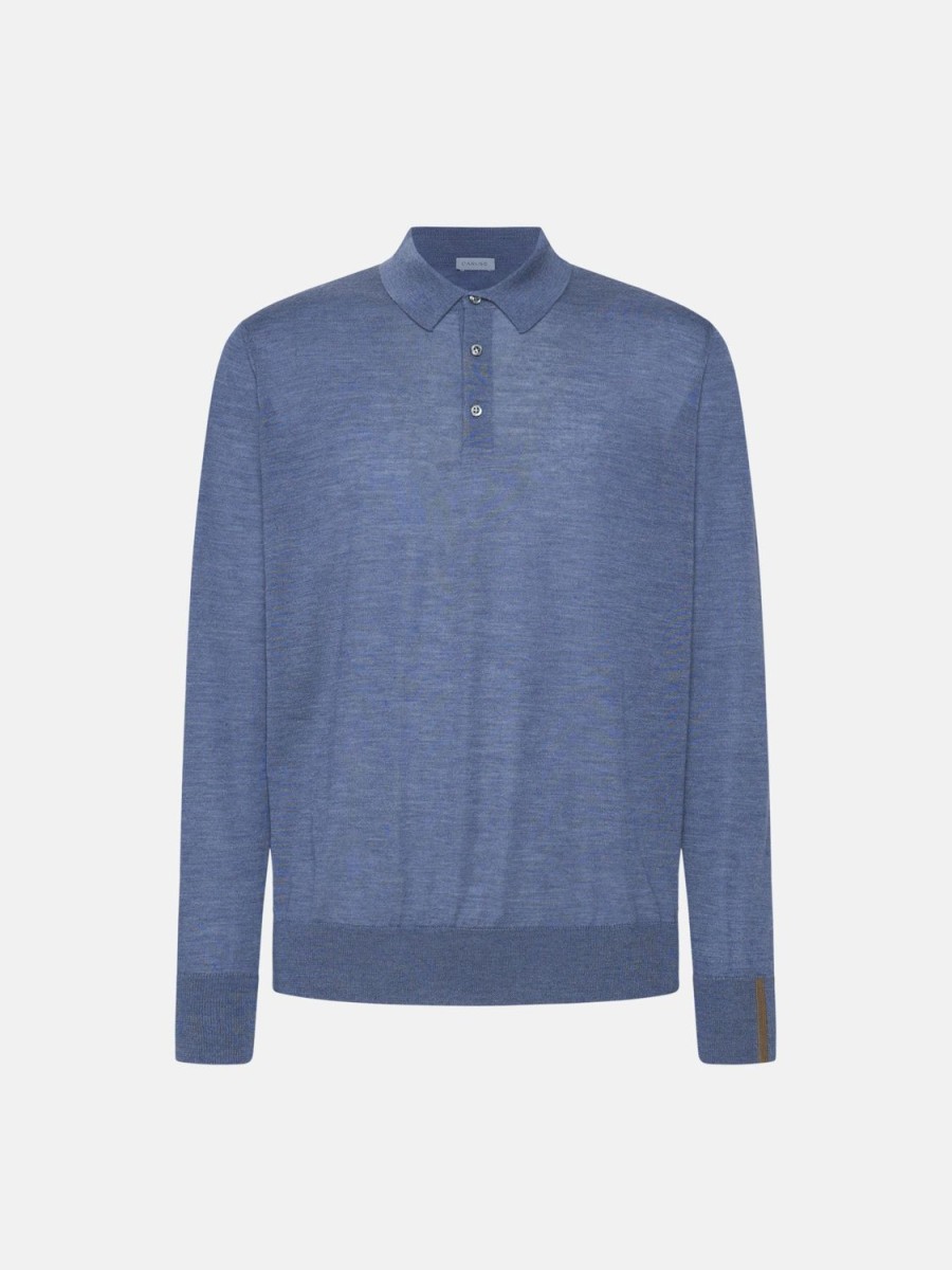 Caruso Polo A Maniche Lunghe In Lana, Seta E Cashmere Blu Chiaro